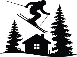 Fototapeta premium Silhouette of a skier jumping near a cabin surrounded by pine trees