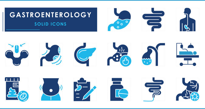 A set of flat icons related to Gastroenterology. Stomach, intestine, Colonoscopy, Digestive Enzymes, Heartburn, Pancreas, Endoscopy. Vector solid symbols.
