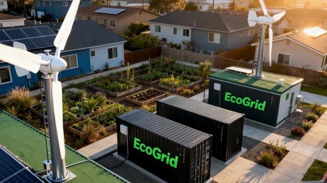 Medium shot capturing a sustainable community microgrid integrating wind turbines and battery storage highlighting ecofriendly energy solutions in urban neighborhoods.