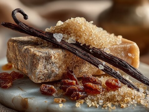 Close-up of vanilla pod with raw sugar crystals on stone surface.