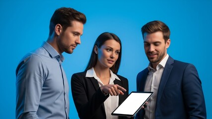 Business Team Discussing Data on a Tablet, Business Presentation on Blue Background