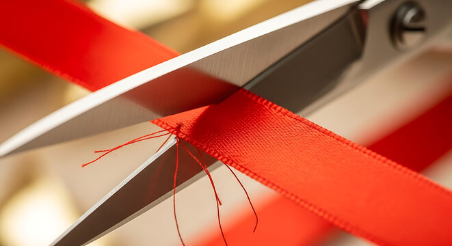 Ultra realistic person using scissors cutting red ribbon close up of metal blades and fabric texture bright light reflection celebration concept