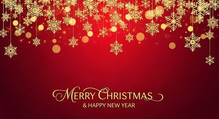 Red Merry Christmas and Happy New Year card with snowflakes, celebration tree, and gold stars vector illustration design