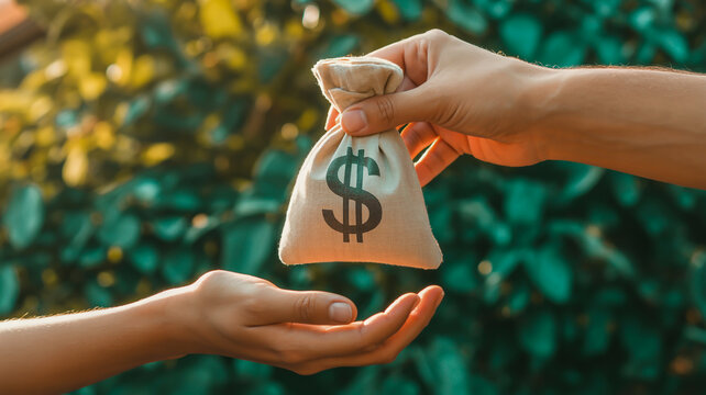 Close up of hands exchanging a small burlap money bag with a dollar sign giving receiving