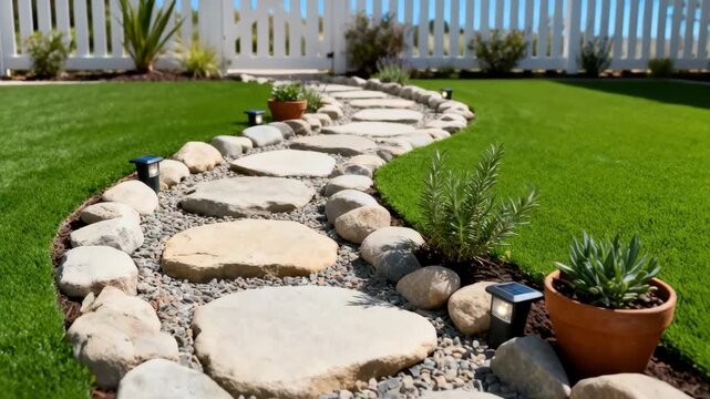 Medium shot featuring a manicured artificial turf yard with decorative stone pathways in a waterconserving garden setup.