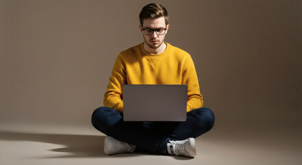 Focused young man working on a laptop in a relaxed pose, coding, studying, or connecting online, embodying modern digital lifestyle and remote work trends
