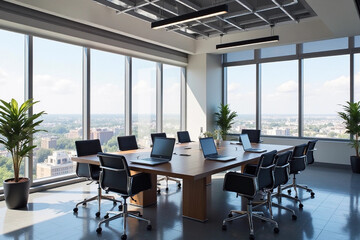 Modern conference room with furniture, laptops, big windows and city view.