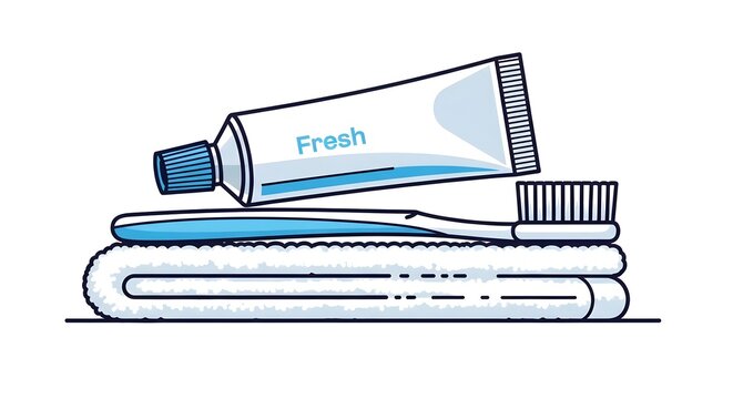 A tube of toothpaste, a toothbrush, and a folded white towel are neatly stacked, representing personal hygiene items.