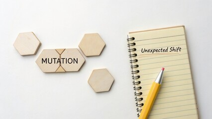 Mutation Concept with Wooden Hexagons and Notebook Showing Unexpected Shift on Clean White Background