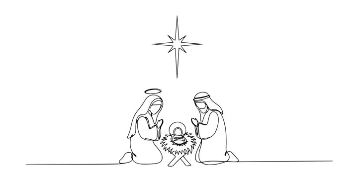 Continuous one line of shining stars above a serene nativity scene, style hand drawing vector illustration.