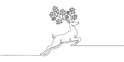 Continuous one line of a reindeer jumping gracefully with snowflake shaped antlers, style hand drawing vector illustration. © Haus