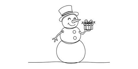 Continuous one line of snowman holding small gift box, style hand drawing vector illustration.