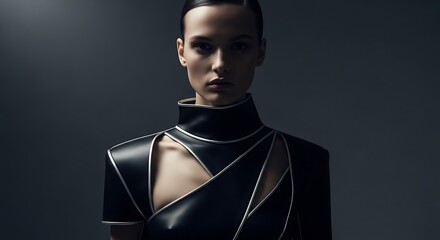 Dramatic high-fashion studio portrait of a woman in a black leather dress with sharp, geometric cutouts and a high neck. Represents futuristic warrior style and dark elegance.