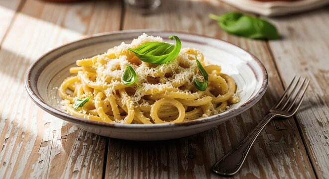 Delicious Bucatini all'Amatriciana pasta with fresh basil and grated Parmesan cheese on a rustic wooden table - Powered by Adobe