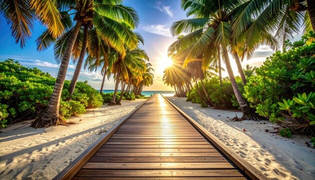 Wooden Boardwalk Lined With Palm Trees Leads Towards The Ocean Under A Golden Sunset Sky With Bright Sun Rays Shining Through The Fronds - Powered by Adobe