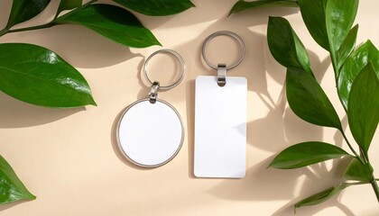 Two blank white keychains, one square and one round