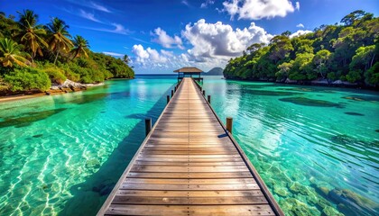 Obraz premium Wooden Pier Leading To A Small Hut In A Crystal Clear Turquoise Tropical Lagoon With Lush Green Islands Under A Bright Blue Sky With Fluffy Clouds