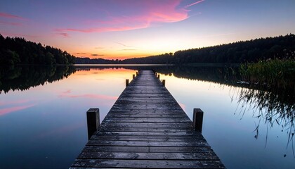 Fototapeta premium Wooden Pier on Calm Lake Reflecting Vibrant Sunset Sky with Silhouette Trees and Distant Buildings