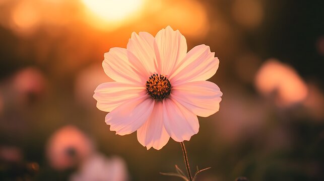 A delicate pink cosmos flower blooming gracefully in a warm golden sunset glow