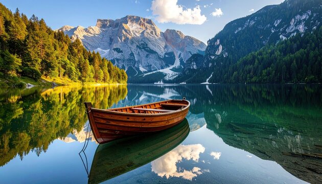 Wooden Rowboat Floats On A Serene Alpine Lake Reflecting Majestic Rocky Mountains And Lush Green Pine Forests Under A Bright Blue Sky With Scattered Clouds - Powered by Adobe