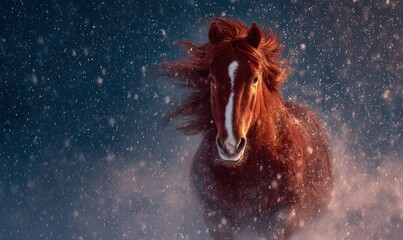 A horse with a white face is running through the snow