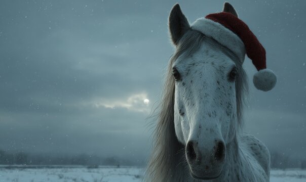 A horse wearing a Santa hat is standing in a snowy field