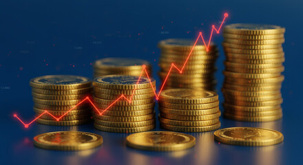 Dynamic financial growth visualized with ascending gold coin stacks and vibrant red trend line, symbolizing investment success and economic prosperity