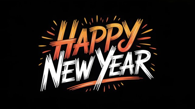 Happy new year text with glowing orange and yellow brush strokes on a black background, festive celebration