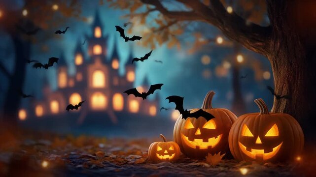 spooky halloween pumpkins under the tree with castle bokeh background, halloween day celebration, seamless looping 4k video animation background
