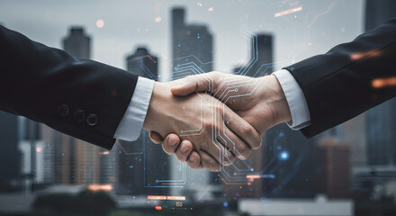 Professional handshake sealing a global business deal with futuristic digital network overlay signifying innovation and partnership
