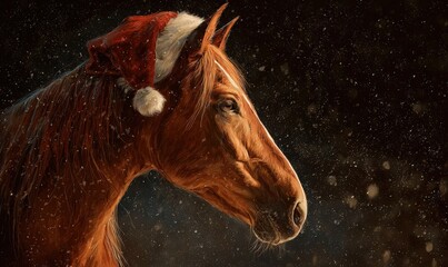 A horse with a Santa hat on its head