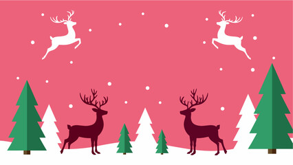 A festive illustration featuring reindeer, Christmas trees, and falling snow against a pink backdrop.