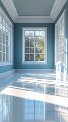 Fototapeta premium Bright empty room with elegant blue walls and large windows showcasing lush green trees