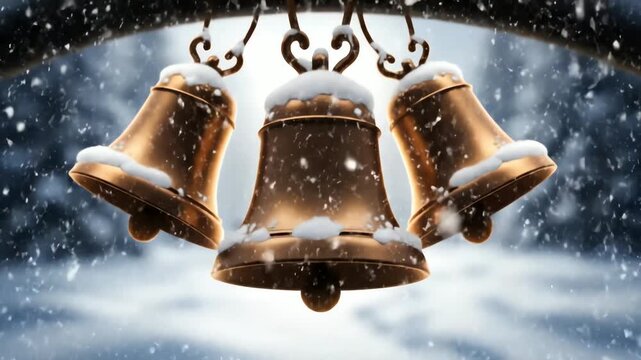 Golden Christmas Bells Ringing in the Winter Snow.
