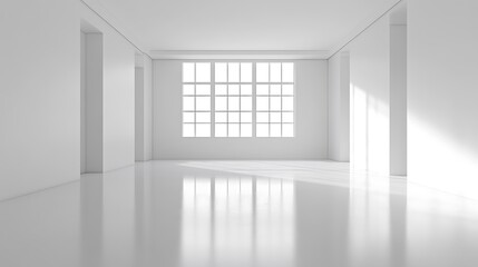Fototapeta premium Clean minimalist white empty room with a rectangular grid window and bright sunlight streaming in
