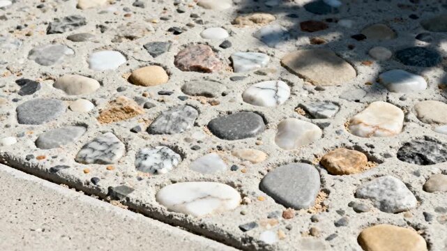 Detailed view of exposed aggregate concrete being treated revealing embedded stones and a rough decorative texture that adds visual interest to outdoor flooring.