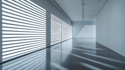 Contemporary minimalist hallway with strong sunlight patterns from blinds