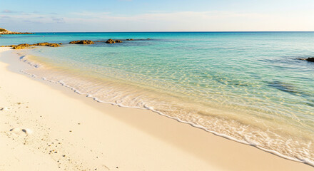 Fototapeta premium Tranquil Morning Light Illuminates A Pristine Beach With Turquoise Waters And Golden Sand