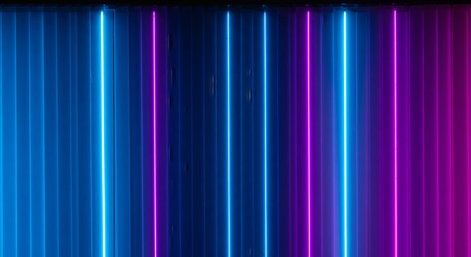 Vibrant neon lights in cool blue and electric purple create a dynamic, modern backdrop perfect for tech and nightlife themes
