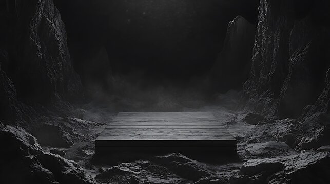 Dark mysterious cave interior with a rugged wooden platform in a shadowy misty environment