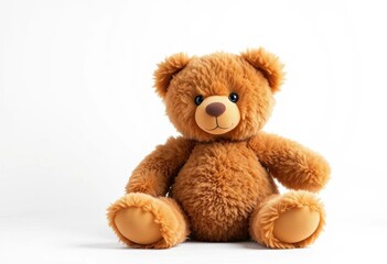 A fluffy brown teddy bear sits alone against a pure white backdrop,   adorable,  product photography