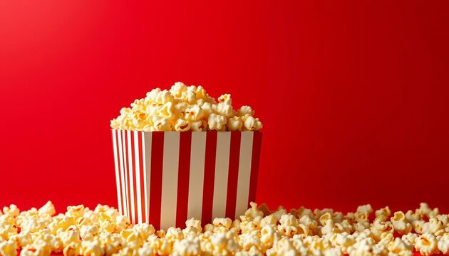 A red background features a striped box overflowing with popcorn, popcorn, design