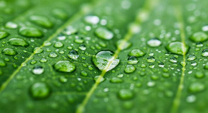 A Vibrant Green Leaf Glistens With Dewdrops Creating A Serene And Refreshing Atmosphere In Nature