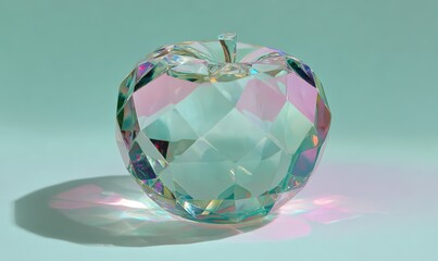 A clear apple with a green stem sits on a table