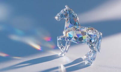 A horse made of crystal is standing on a white surface