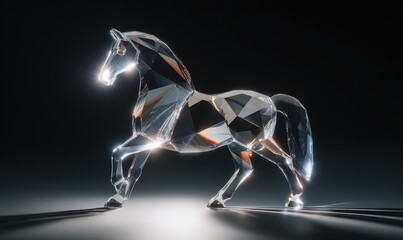 Obraz premium A horse made of glass is walking on a dark background