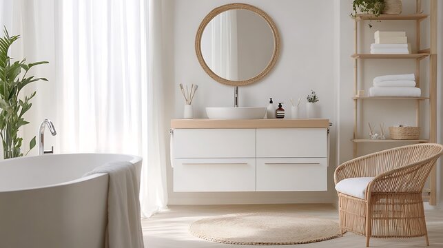 Elegant modern minimalist bathroom interior featuring a circular mirror above a sleek wooden vanity and a freestanding bathtub