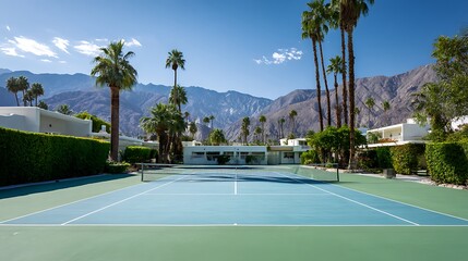 Obraz premium Empty blue and green tennis court surrounded by tall palm trees and majestic mountains