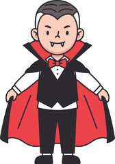  A playful, full-body cartoon illustration of a young boy dressed as a vampire, wearing a classic black tuxedo vest and a high-collared black and red cape, showing off his cartoon fangs.