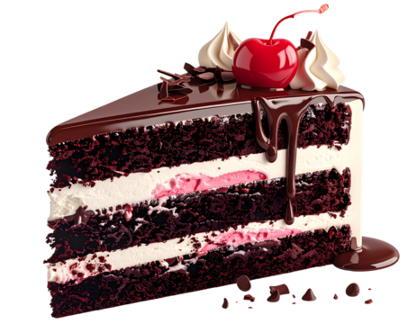  Realistic chocolate birthday cake slice with layers of cream and cherry topping, isolated on a transparent background, PNG (2) - Powered by Adobe